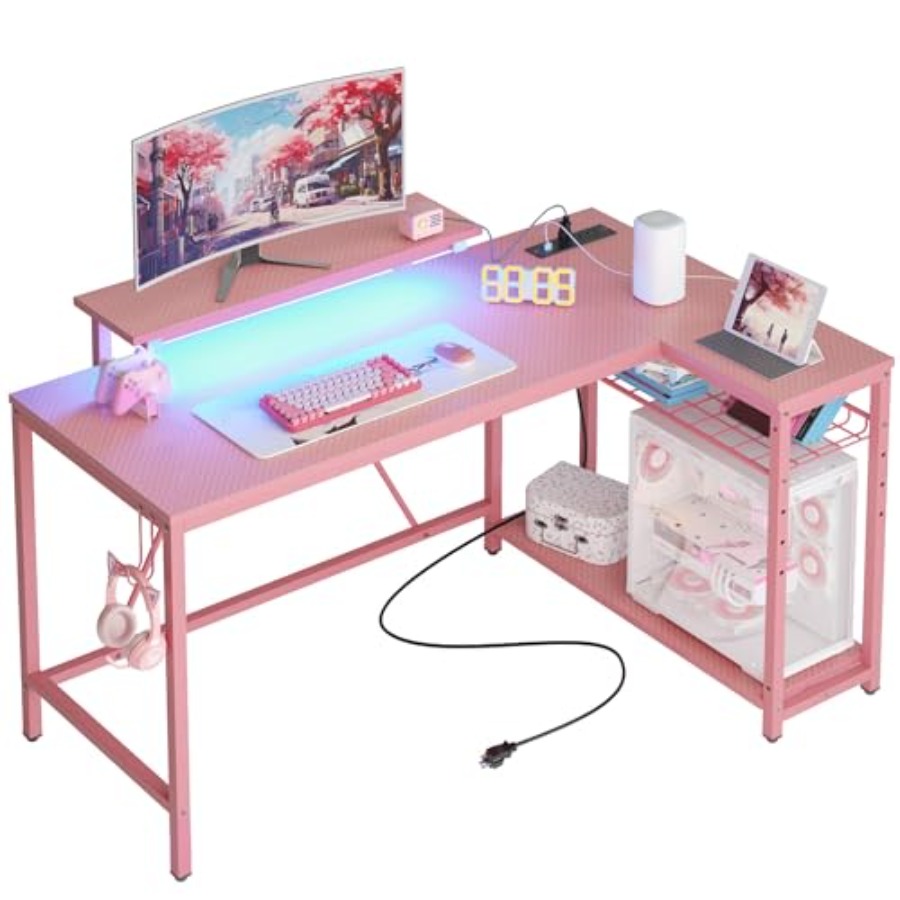 L-Shaped Gaming Desk with Char - огляд і ціна Desk Setup Pink
