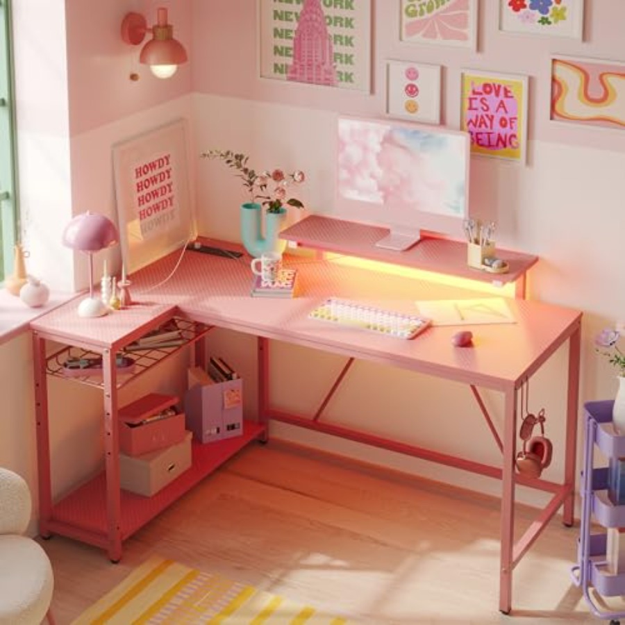 L-Shaped Gaming Desk with Char - огляд і ціна Desk Setup Pink